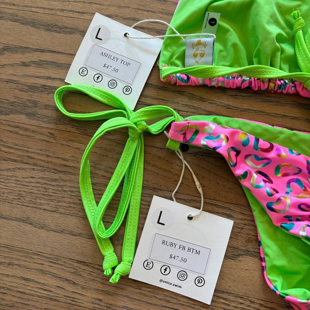 Unico Swim Ashley Top Ruby FB Bottom Bikini Set Pink Lime Green Heart Print L